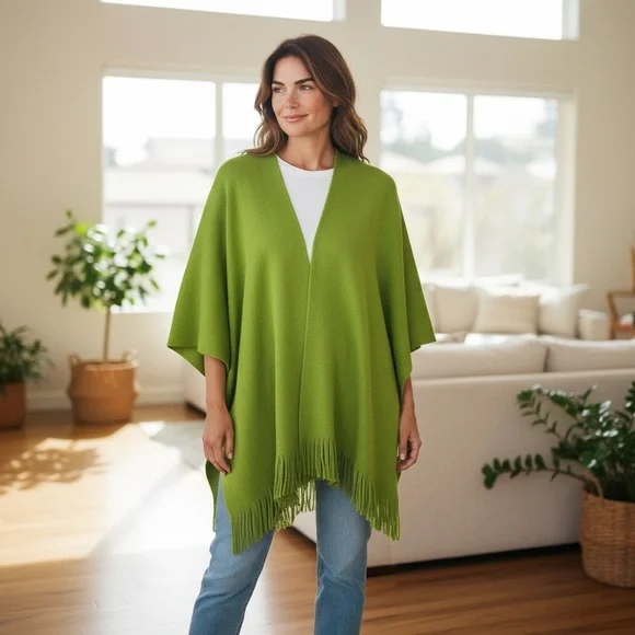 Chicos Green Ruana Poncho with fringe trim. - Picture 1 of 4